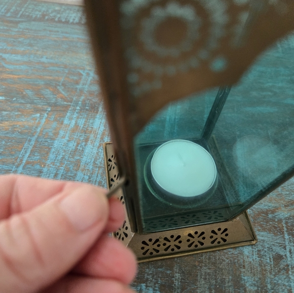 Moroccan Lantern Brass & Blue Glass Candle Holder Lamp - Picture 6 of 11
